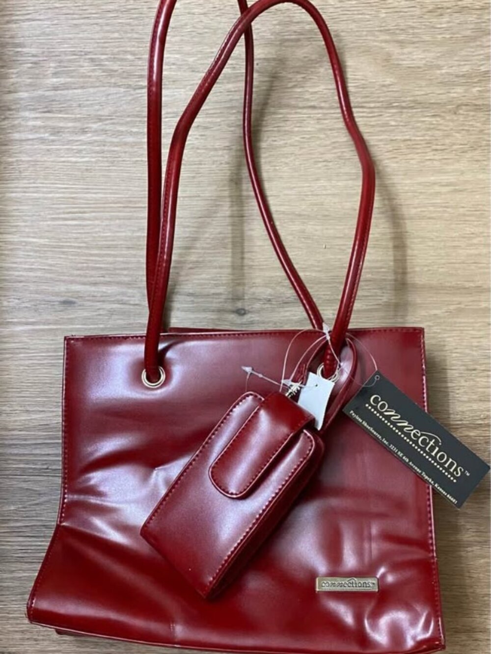 Connections Shiny Red Faux Leather Shoulder Bag Double Handles Accessory Pouch